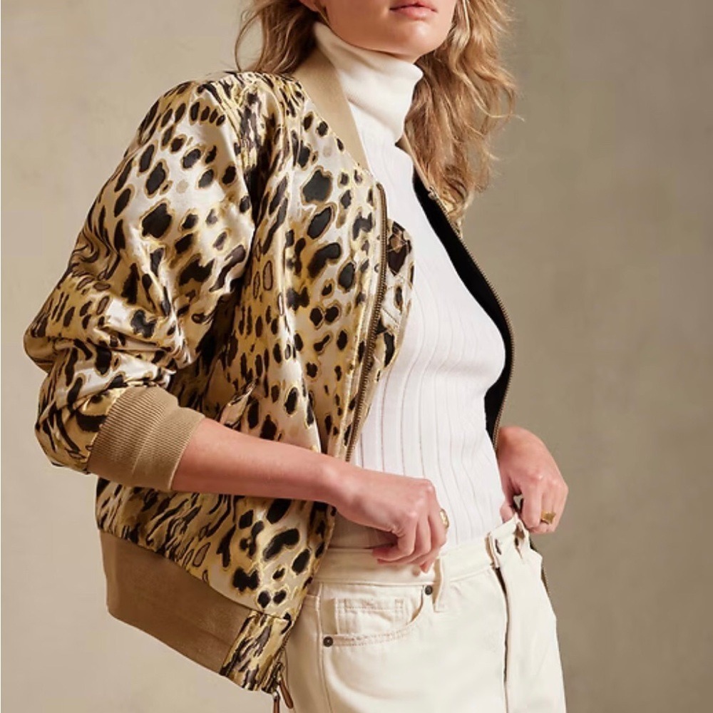 Banana Republic Womens Metallic Leopard Print Satin Bomber Jacket Gold Brown L